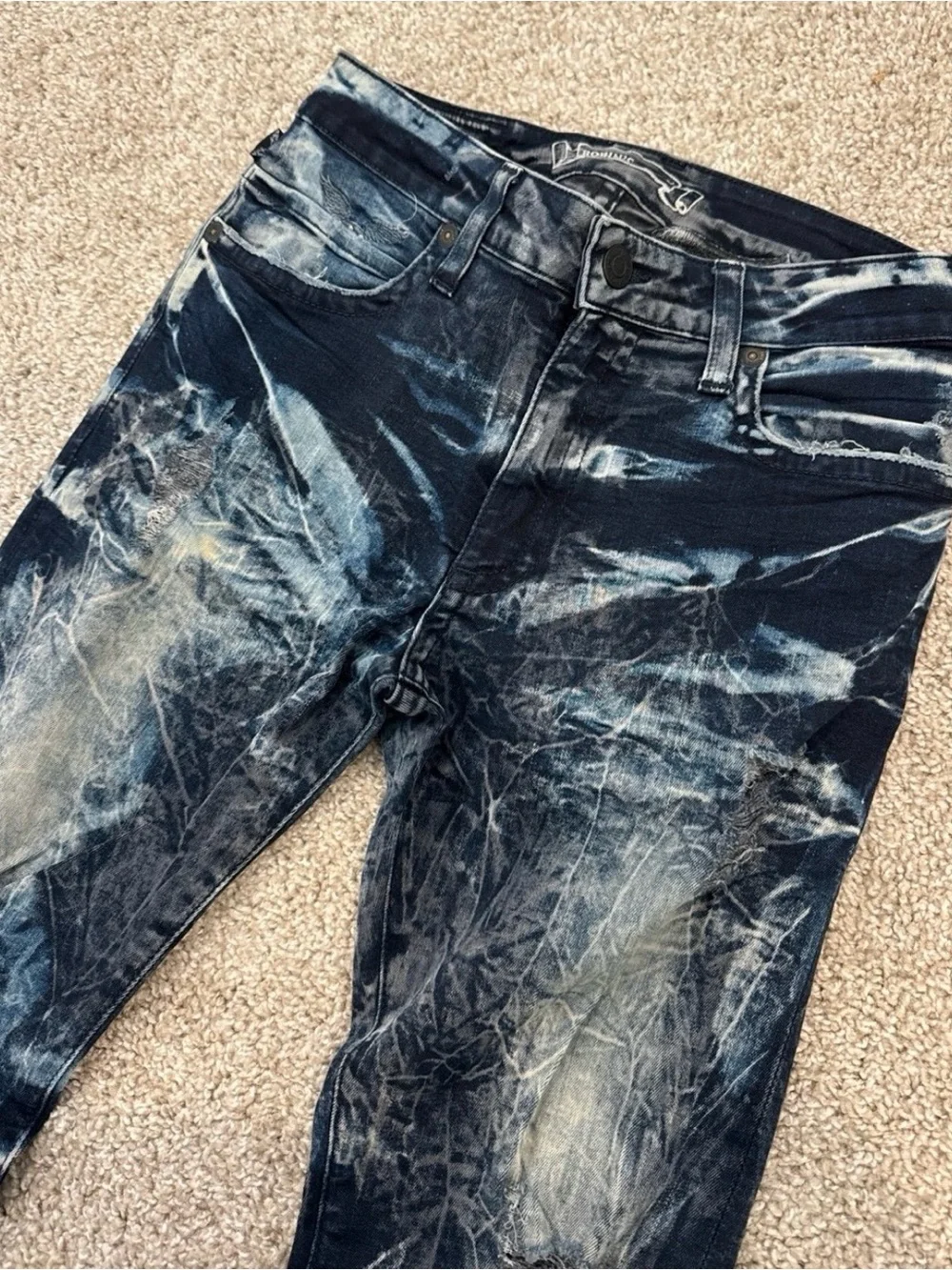 Robin's Jean Men's Distressed Dark Blue Marble-Effect Skinny Jeans